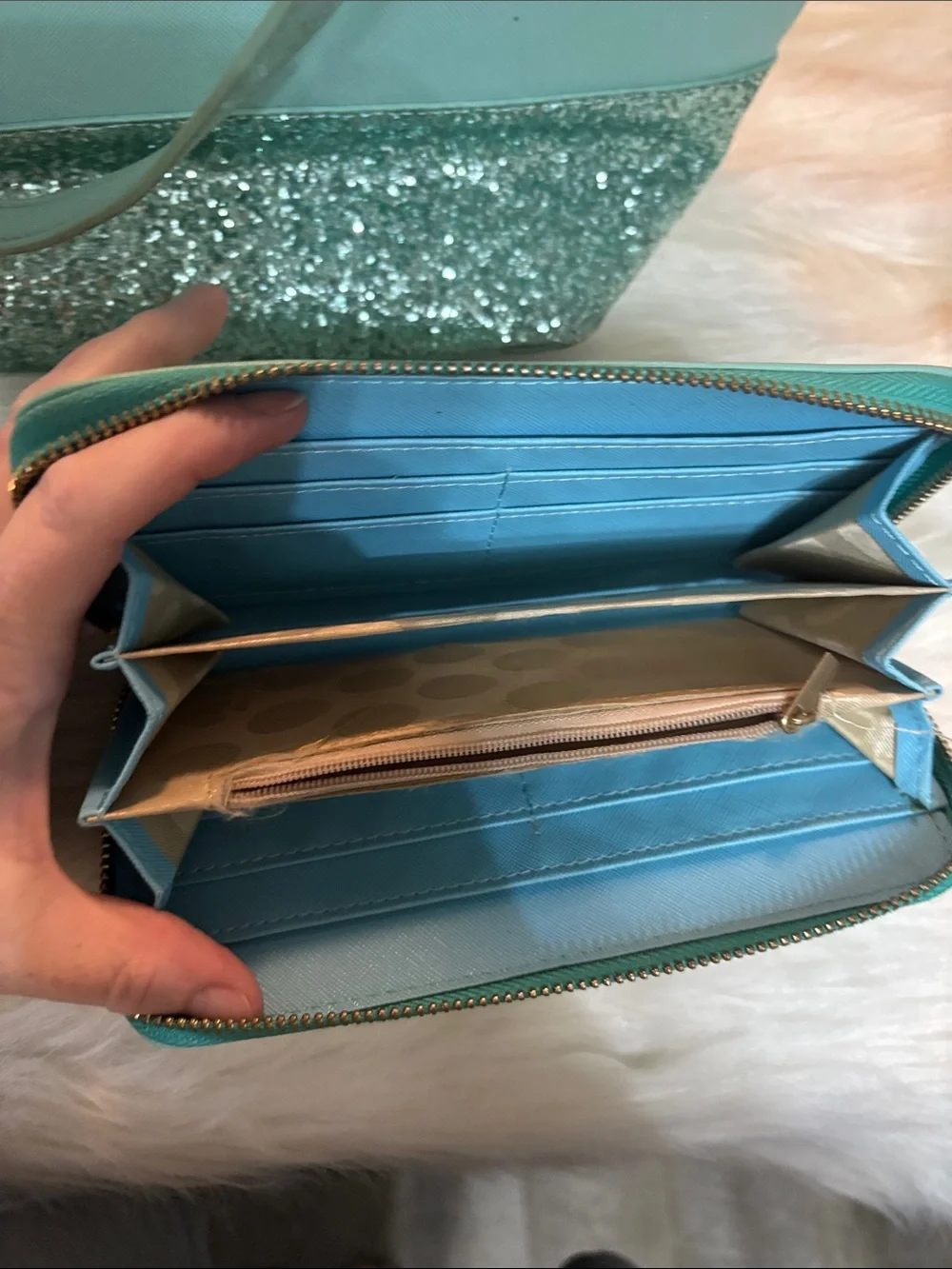 kate spade mint green tote with glitter trim and matching wallet